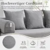 Close-up of a gray corduroy sofa with cushions and an armrest cover, with marketing text and feature icons below. Anteprima dell’immagine prodotto