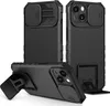 Three views of a black iPhone case with a sliding camera cover and a kickstand. Produktbild-Vorschau