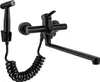 A black kitchen faucet with a handheld sprayer and a coiled hose, mounted on a white background. Podgląd zdjęcia produktu