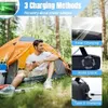 A man is sitting in front of a tent in a forest, holding a phone. The image also shows three inset images demonstrating different charging methods for a device. Produktbild-Vorschau