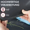 A hand is cleaning a black car seat cover with a blue cloth, showing its dirt-repellent feature. Text highlights quality and ease of cleaning. Produktbild-Vorschau