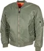 A green bomber jacket with an orange lining is displayed against a white background.