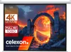A projection screen displaying a fantasy landscape with the brand logo and resolution information. Produktbild-Vorschau