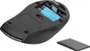 The underside of a black wireless computer mouse with two blue AA batteries inserted and the battery cover removed. Produktbild-Vorschau