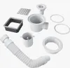 A collection of white and silver plumbing parts for a shower drain system, laid out on a white background. Produktbild-Vorschau