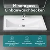 A white mineral cast built-in washbasin with a chrome faucet, set against a dark green wall and a gray countertop. Below the basin are three teal-colored boxes with icons and text highlighting product features. Produktbild-Vorschau