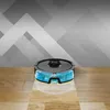 A robot vacuum cleaner with a water tank is cleaning a wooden floor. Produktbild-Vorschau
