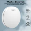 A white smoke detector is shown against a light blue background with clouds. Text and icons highlight its features. Produktbild-Vorschau