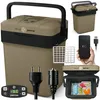 Collage of images showing a portable electric cooler and its accessories, including power cords, a control panel, and a smartphone being charged. Anteprima dell’immagine prodotto