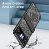 A phone case is shown in a dynamic pose, appearing to be dropped on a cracked surface, with stairs in the background. Produktbild-Vorschau