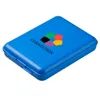 A blue rectangular case with a colorful logo and text on top, set against a white background. Produktbild-Vorschau