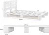 Diagrams showing the dimensions of a white wooden pallet bed frame with a headboard. Produktbild-Vorschau