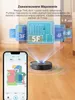 A robotic vacuum cleaner is shown on a wooden floor with a smartphone displaying its app interface and a holographic representation of a multi-floor map. The background features a blurred indoor environment and several layered floor plan graphics. Podgląd zdjęcia produktu