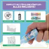 A hand holding a bottle of light blue paint, with various components of a craft kit displayed around it. Produktbild-Vorschau