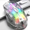A transparent gaming mouse with RGB lighting is placed on a laptop keyboard. Produktbild-Vorschau