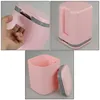 A collage of three images showing a pink trash can with a gray lid. Produktbild-Vorschau