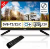 A television screen displaying a scene of a campervan in a forest, with various feature icons and text overlays. A remote control is placed in front of the television. Produktbild-Vorschau