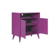 A purple cabinet with two doors, one open, showing shelves inside. It is on a white background. Voir les images du produit