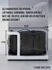 A black travel backpack is shown inside a size checker for airline hand luggage. Text overlays provide information about airline compatibility and dimensions. Produktbild-Vorschau