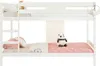 A white wooden bunk bed for children, with bedding and a stuffed panda toy. Produktbild-Vorschau