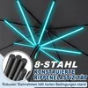 Close-up view of the internal structure of a dark gray umbrella, highlighting its metal ribs with a neon blue glow effect. Text overlays describe its features. Voir les images du produit