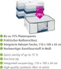 A product image showing a storage bag with stacked folded textiles behind it, and a promotional overlay indicating a discount. Produktbild-Vorschau