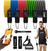 A set of resistance bands and accessories for exercise, displayed with a person and a smartphone showing an e-book. Náhled obrázku produktu