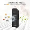A close-up of an air filter with animated particles being filtered out, set against a blurred background of a person and green leaves. Produktbild-Vorschau
