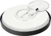 The underside of a round LED ceiling light with a black outer ring and a white inner surface. The light's cover is partially detached, revealing the wiring and mounting mechanism. Produktbild-Vorschau