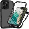 A black iPhone case with a transparent front cover showing a phone screen with a tropical landscape. Produktbild-Vorschau