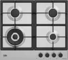 A top-down view of a stainless steel gas hob with four burners and control knobs at the bottom. Produktbild-Vorschau