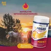 A product shot of a horse supplement with a sunset and horses in the background. Podgląd zdjęcia produktu