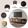 A TV stand with a TV mounted above it, presented with callouts highlighting its features. Produktbild-Vorschau