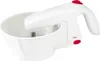 A white electric hand mixer with a red button, placed in a white mixing bowl. Voir les images du produit
