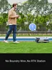 A man is standing on a lawn, holding a remote control, and looking at a robotic lawn mower. The lawn mower is on the grass, and there is a blue border in the background. There is also a circular graphic with '5 min' inside it. Produktbild-Vorschau