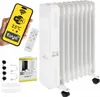 A collage of images showing an oil radiator, its remote control, a smartphone displaying a Tuya app interface, and accessories like wheels and brackets. Produktbild-Vorschau