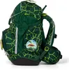 A green backpack with a yellow geometric pattern, featuring a dinosaur badge. Produktbild-Vorschau