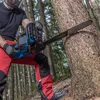 A person is using a chainsaw to cut a tree in a forest. Produktbild-Vorschau
