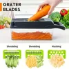 A kitchen slicer being used to shred carrots, with examples of shredded cucumbers, potatoes, and mashed potatoes shown below. Náhled obrázku produktu