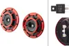 A product shot of two red car horns and a relay switch against a white background. Podgląd zdjęcia produktu