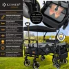 A KESSER® outdoor wagon is shown in a grassy outdoor setting with text overlays highlighting its features. Produktbild-Vorschau
