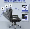 A black office chair is shown from the side, with diagrams illustrating its reclining functions and controls. Produktbild-Vorschau