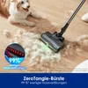 A dog is lying on a wooden floor covered in fur, while a vacuum cleaner with a brush head is cleaning it up. There is a close-up inset showing the brush head. Produktbild-Vorschau