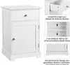 A white nightstand with a drawer and a cabinet door, shown with inset images highlighting its features. Produktbild-Vorschau