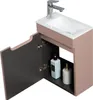 A bathroom vanity set with a sink and cabinet, shown with the cabinet door open. Voir les images du produit