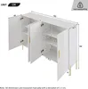 A technical drawing and dimension diagram of a white sideboard with gold accents, shown from a three-quarter perspective. Various dimensions are marked with lines and numbers. Voir les images du produit