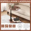 A side table next to a sofa, with items placed on it and a diagram showing dimensions. Produktbild-Vorschau