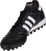 A black Adidas soccer shoe with white stripes and a white sole is shown against a white background. Podgląd zdjęcia produktu