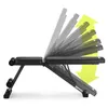 A black adjustable weight bench is shown from the side, with multiple ghosted images indicating its adjustable backrest positions. Yellow arrows show the direction of adjustment. Podgląd zdjęcia produktu