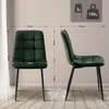 Two views of a green velvet dining chair with dimensions indicated by lines and text. Anteprima dell’immagine prodotto